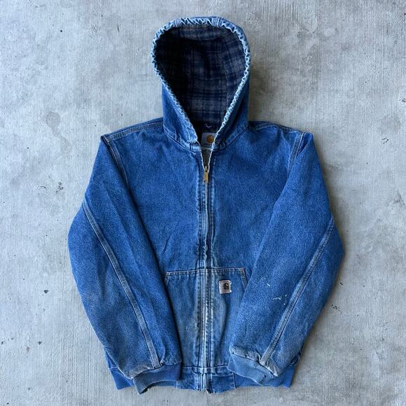 Vintage Y2K J139 DST blue denim Carhartt hooded work wear jacket